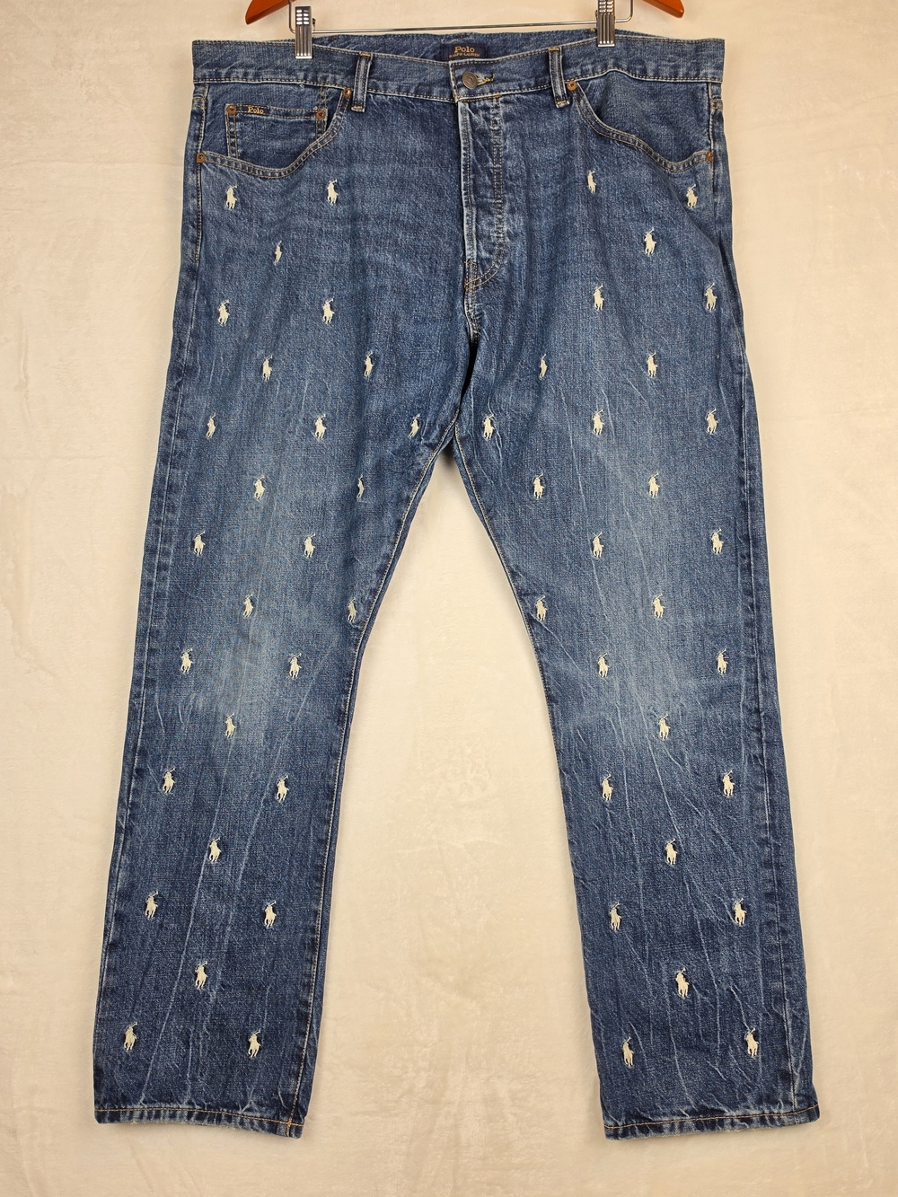 Polo Ralph Lauren Sullivan Slim Jeans 40x32 Blue All Over Pony Embroidered